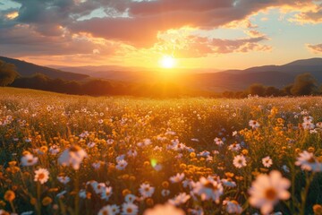 A vibrant field of flowers is illuminated by the setting sun.