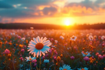 A vast field filled with colorful flowers, with the sun setting in the background casting a warm glow over the landscape.