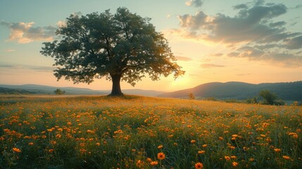 A solitary tree stands tall amidst a sea of vibrant wildflowers in a picturesque field.