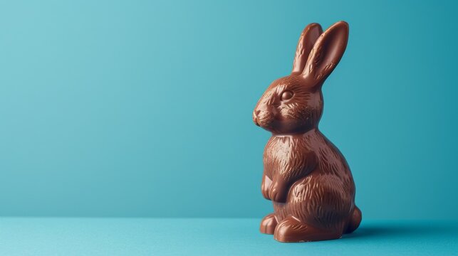 chocolate easter bunny decoration, isolated on blue background. luxury chocolate, easter holiday. delicious milk, dark chocolate bunny.