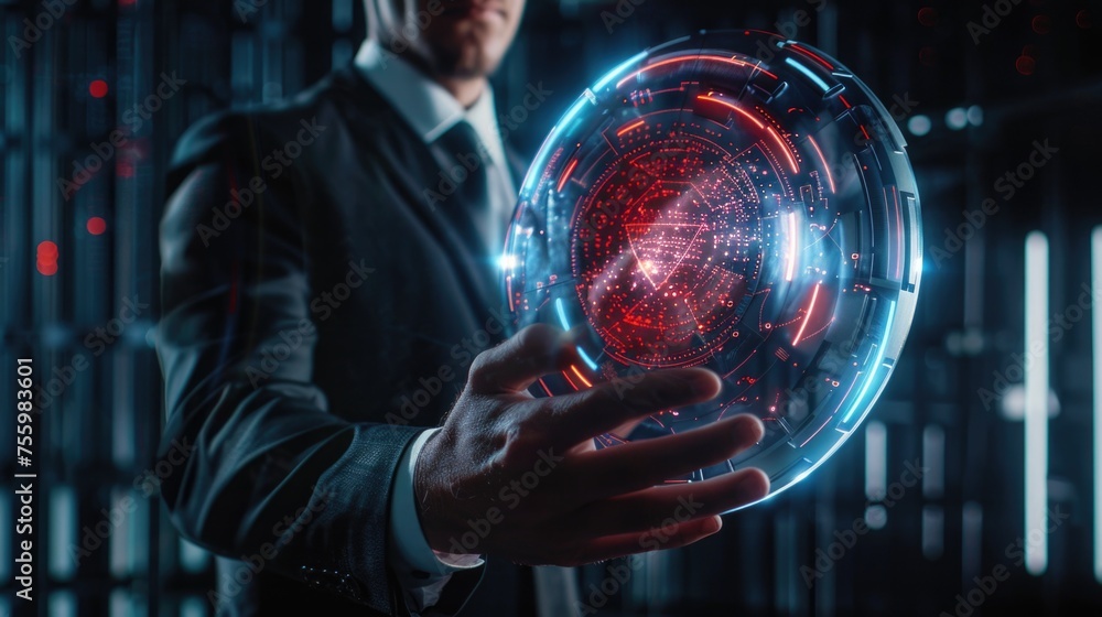 Poster a man in a suit holding a mysterious glowing object. perfect for technology or business concepts.