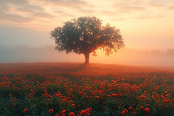 A single tree stands tall in the midst of a field filled with vibrant red flowers, creating a striking contrast against the green landscape.