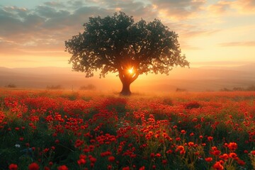 A tree stands prominently amid a vast field of colorful flowers, creating a striking contrast in the natural landscape. - obrazy, fototapety, plakaty