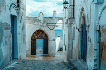 the entrance of a white town in italy