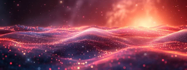 Fototapeten Vibrant Digital Landscape of Glowing Particles and Waves With Cosmic Background © AndErsoN