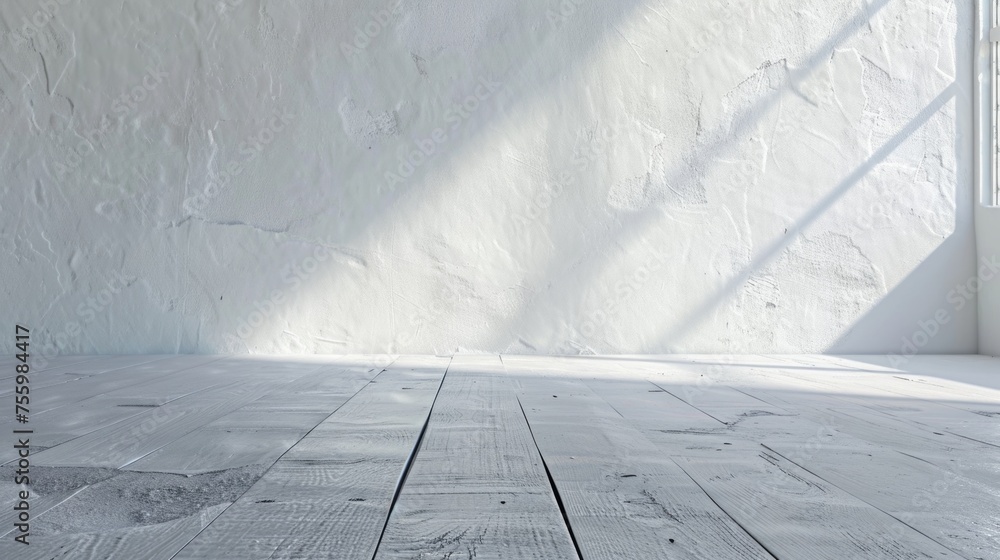Poster a simple white room with a wooden floor and a window. suitable for interior design concepts.