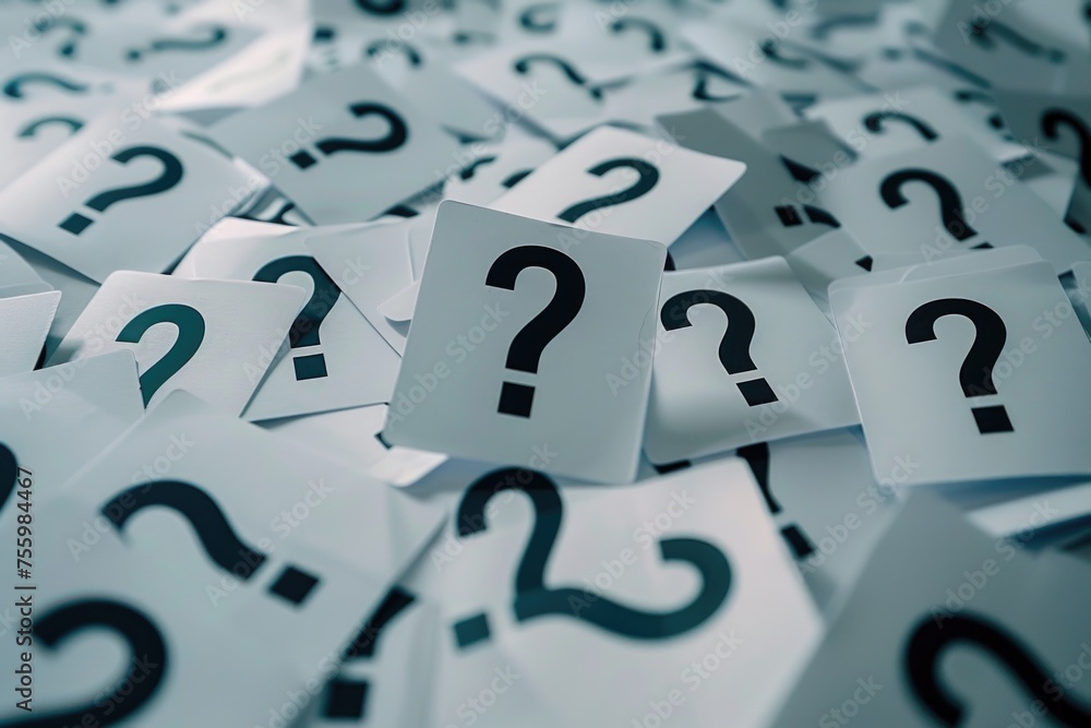 Poster a pile of question marks on a table, suitable for educational or business concepts.