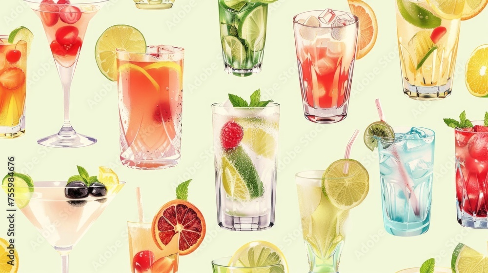 Poster a variety of drinks displayed on a table, suitable for beverage concept.