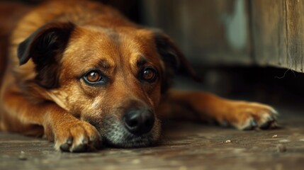 Close-up of a dog resting on the ground. Suitable for pet-related designs.