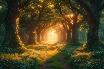 The sun illuminates the forest as its rays filter through the foliage, creating a captivating glow.