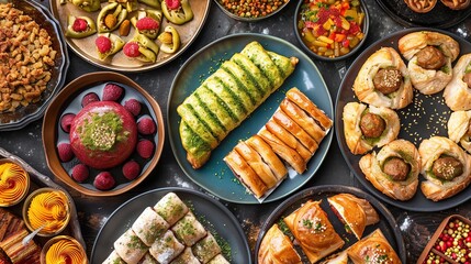 A background image featuring Turkish and Arab dessert foods, showcasing an assortment of Lebanese and Egyptian pastries.  - obrazy, fototapety, plakaty