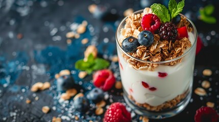 A healthy morning meal consisting of yogurt topped with granola or muesli and fresh berries. The focus is selective, highlighting the delicious combination of ingredients.