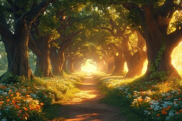 A dirt road winds through a forest filled with lush trees and colorful flowers, creating a scenic and natural landscape.