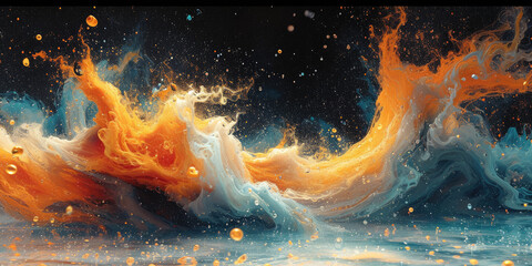 A painting featuring water depicted in vibrant orange and blue hues.