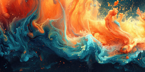 An abstract painting featuring vibrant orange and blue hues blending and contrasting in dynamic...