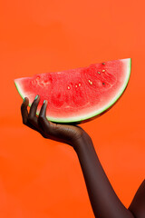  hand holding a watermelon slice on orange background