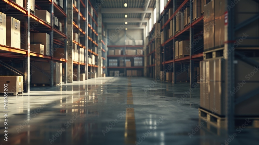 Poster a large warehouse filled with boxes, suitable for logistics and storage concepts.