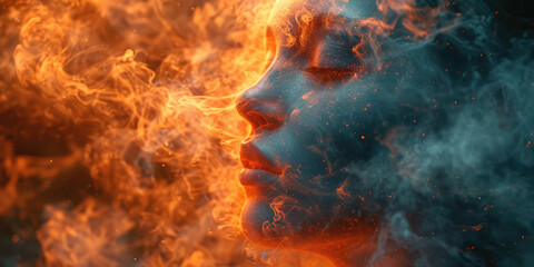 A womans face is engulfed by flames in a intense and dramatic scene.