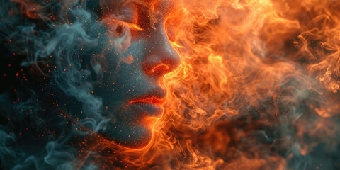 A womans face is surrounded by flames and billowing smoke, creating a dramatic and intense scene. - obrazy, fototapety, plakaty