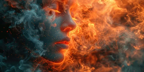 Selbstklebende Fototapeten A womans face is surrounded by flames and billowing smoke, creating a dramatic and intense scene. © Svyatoslav Lypynskyy