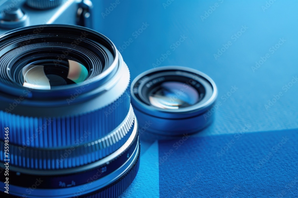 Poster close up of a camera lens on a table. great for photography enthusiasts.