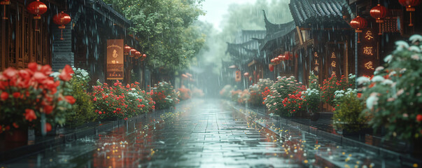 Holiday time in Chinatown. Old ancient asian street with many traditional stores in rainy day. Cherry blossom festival. Travel and holiday concept for card, background, banner, wallpaper - obrazy, fototapety, plakaty