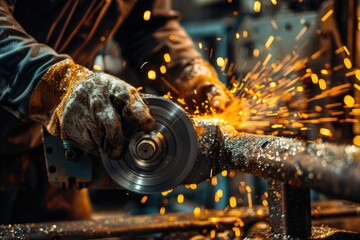 Person using grinder on metal surface, industrial concept.