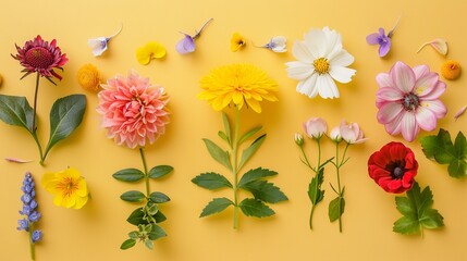 A colorful arrangement of flowers and leaves in a creative layout. It's a flat lay design, perfect for a floral greeting card or as a nature-inspired decorative piece. 