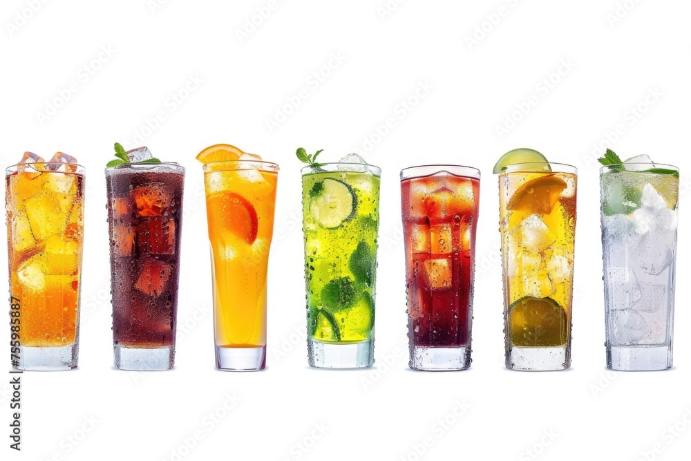 Poster row of glasses filled with different types of drinks, suitable for bar or restaurant concept.