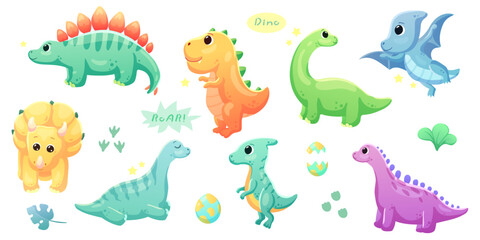 Illustrations of cute dinosaurs for children in different colors: Triceratops, Stegosaurus, Brontosaurus, Pterosaurus, Tyrannosaurus, Brachiosaurus. 