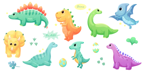 Zelfklevend Fotobehang Draak Illustrations of cute dinosaurs for children in different colors: Triceratops, Stegosaurus, Brontosaurus, Pterosaurus, Tyrannosaurus, Brachiosaurus. 