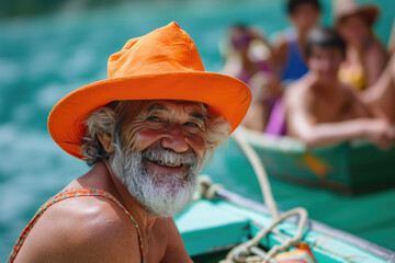 A man in an orange hat stands on a boat, overlooking the water.