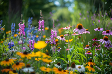 summer meadow with wildflowers and purple coneflower