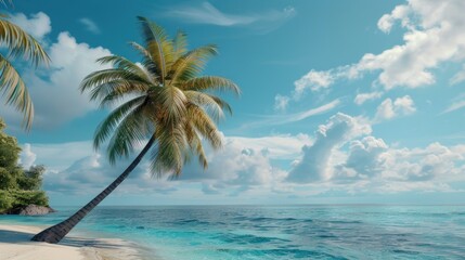 Serene view of a palm tree on a sandy beach, perfect for travel ads.