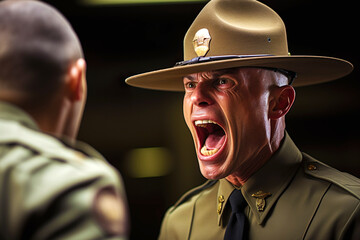Drill  sergeant  screaming at a cadet on dark blurred background - obrazy, fototapety, plakaty