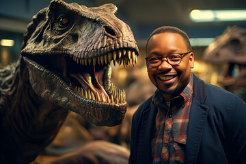 African american paleontologist standing next to a dinosaur at the museum on blurred background - obrazy, fototapety, plakaty