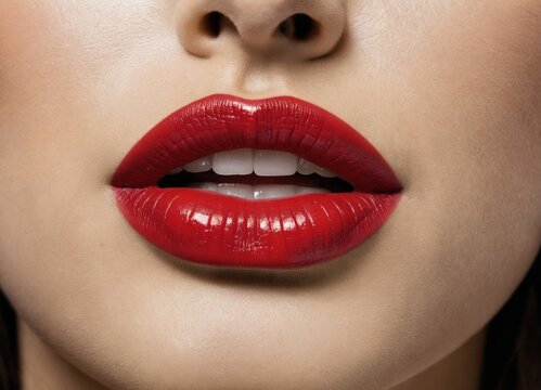  close-up of woman's mouth with red lipstick
