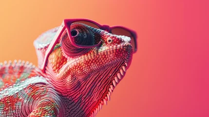 Foto op Canvas Close-up of a chameleon wearing sunglasses, perfect for summer designs. © Fotograf