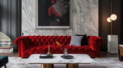 Dive into the embrace of this luxe red velvet sofa, a splash of opulence with a chic marble table to match.