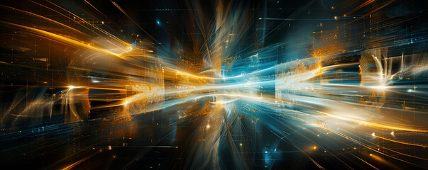 Cyan and gold light bursts of energy in dimensional digital art