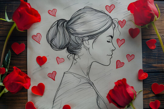 drawing woman red roses hearts romantic love valentine's day