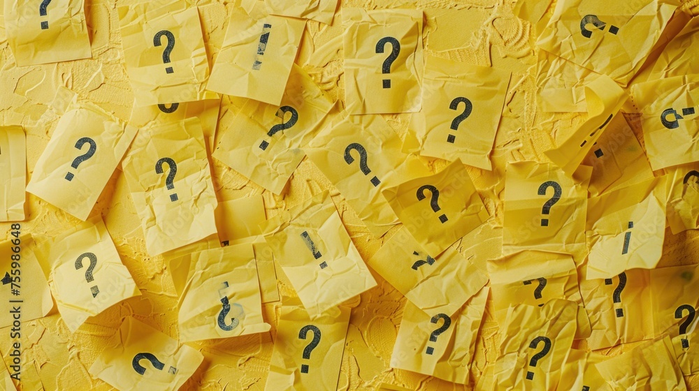 Poster A collection of yellow post it notes with question marks. Perfect for business and educational concepts.