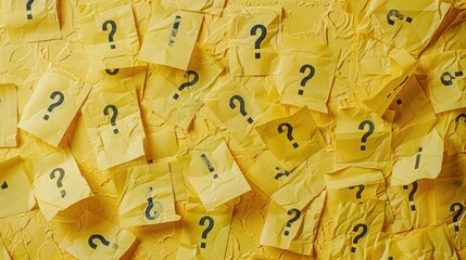 A collection of yellow post it notes with question marks. Perfect for business and educational concepts.