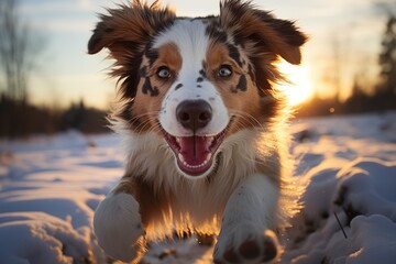 A dog energetically runs through deep snow, mouth open wide, enjoying the snowy landscape.