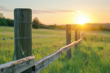 A peaceful scene of a wooden fence in a field at sunset. Perfect for nature or rural themed designs.