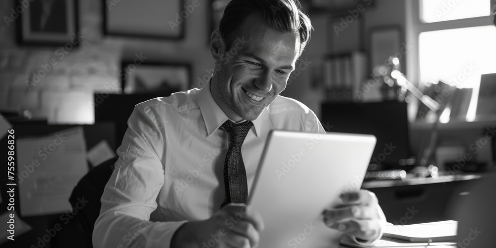 Poster Man sitting at desk working on laptop. Suitable for business and technology concepts.