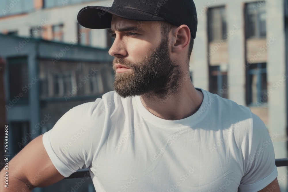 Poster a man with a beard wearing a baseball cap. suitable for various projects.