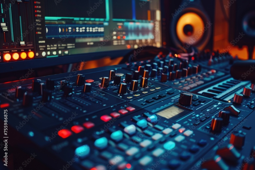 Poster a mixing desk with numerous knobs for audio control. ideal for music production projects.