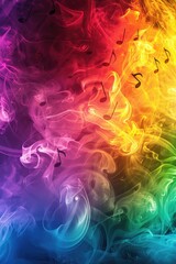 Fototapeta premium A vibrant rainbow colored smoke background with floating music notes. Perfect for music events or artistic designs.
