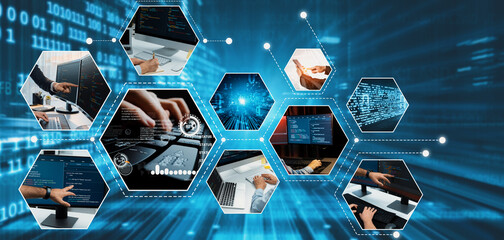 Computer programming, coding and AI artificial intelligence software development engaged by skilled...